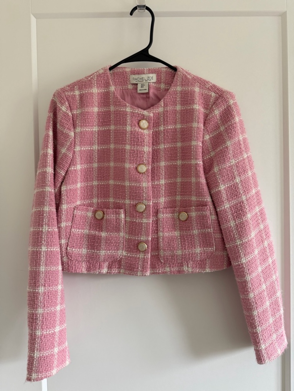 NWT Rachel Zoe Pink Windowpane Tweed Cropped Blazer Small